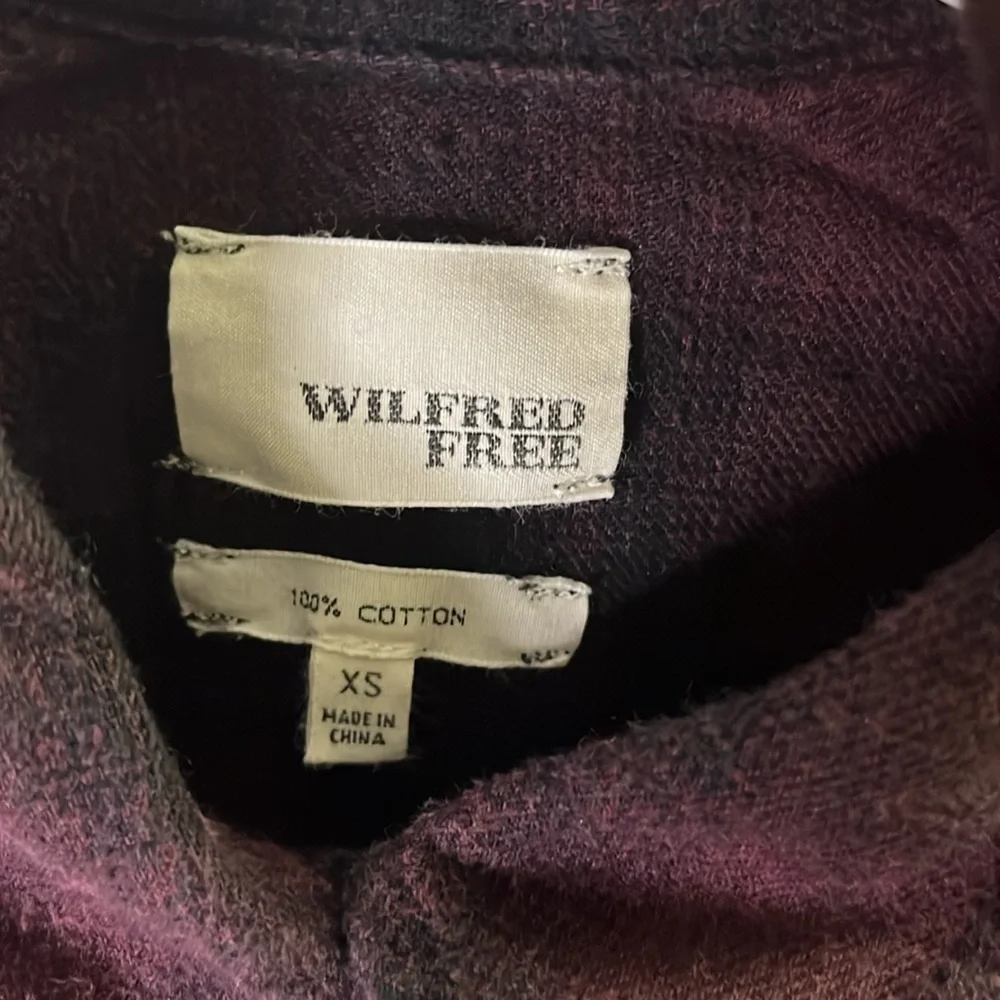 Wilfred Free cozy plaid extra long button down, purple and black- extra small​ - Picture 3 of 5